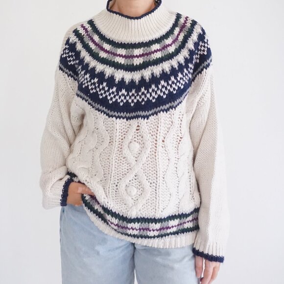 VTG Jamie Scott Cream Navy Cable Knit Fair Isle Sweater Old Money Cabincore M - Picture 1 of 9
